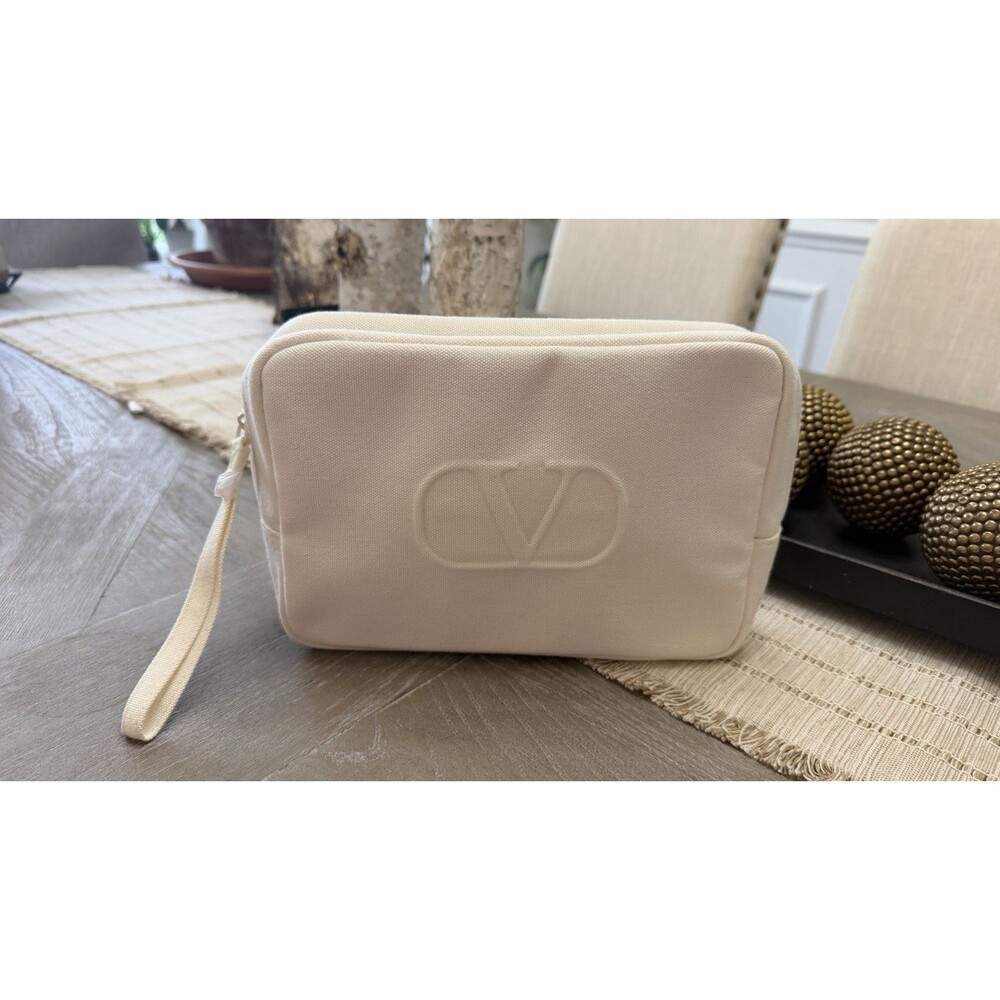 Valentino Makeup Pouch Canvas White Cream Beige Bag Wristlet